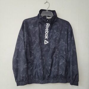 Reebok Black Windbreaker Jacket Full Zip Outerwear Geometric Camo Print Womens L